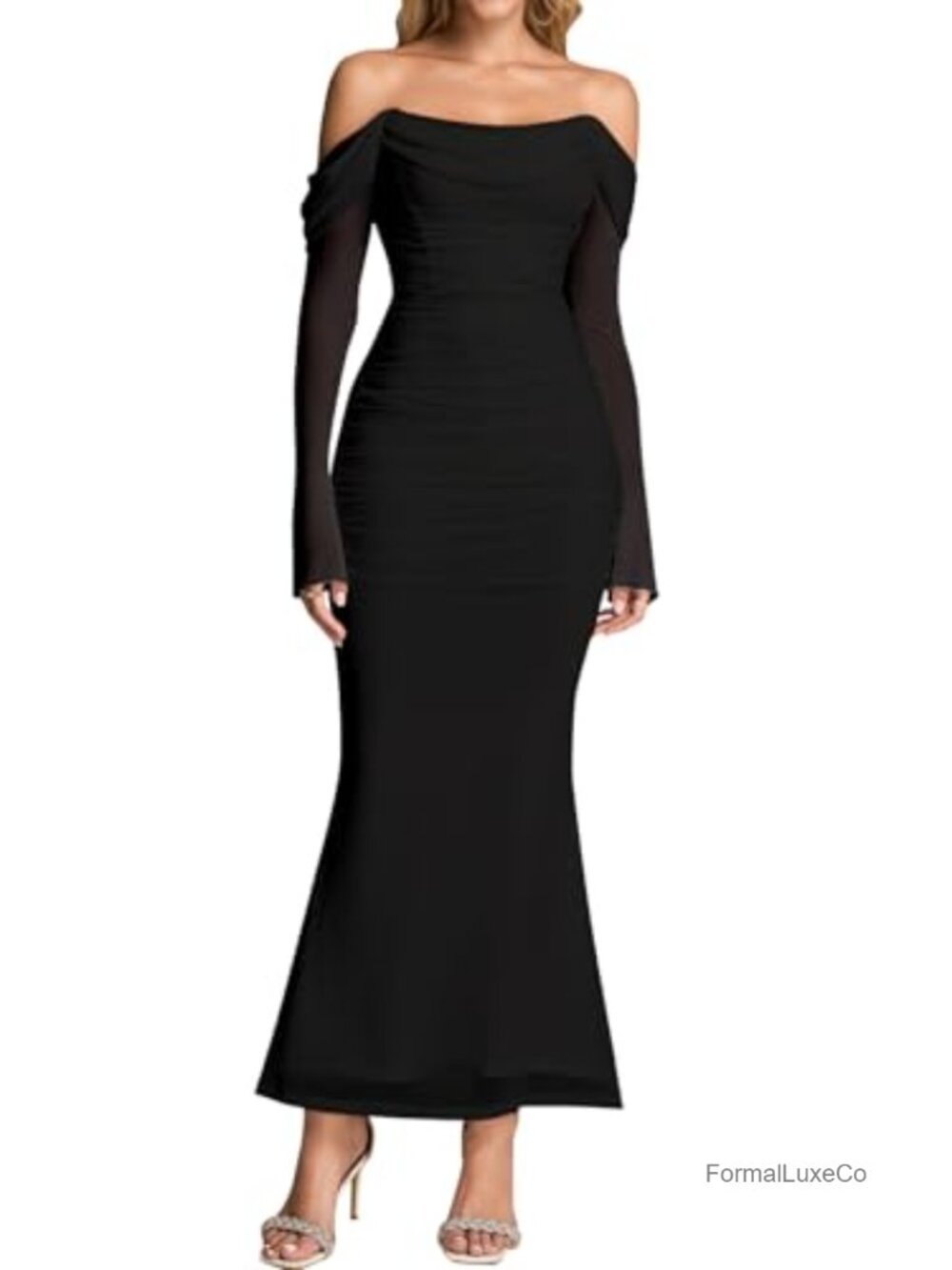 Off Shoulder Corset Maxi Dress Long Sleeve Sheer Bell Sleeve Ruched Bodycon